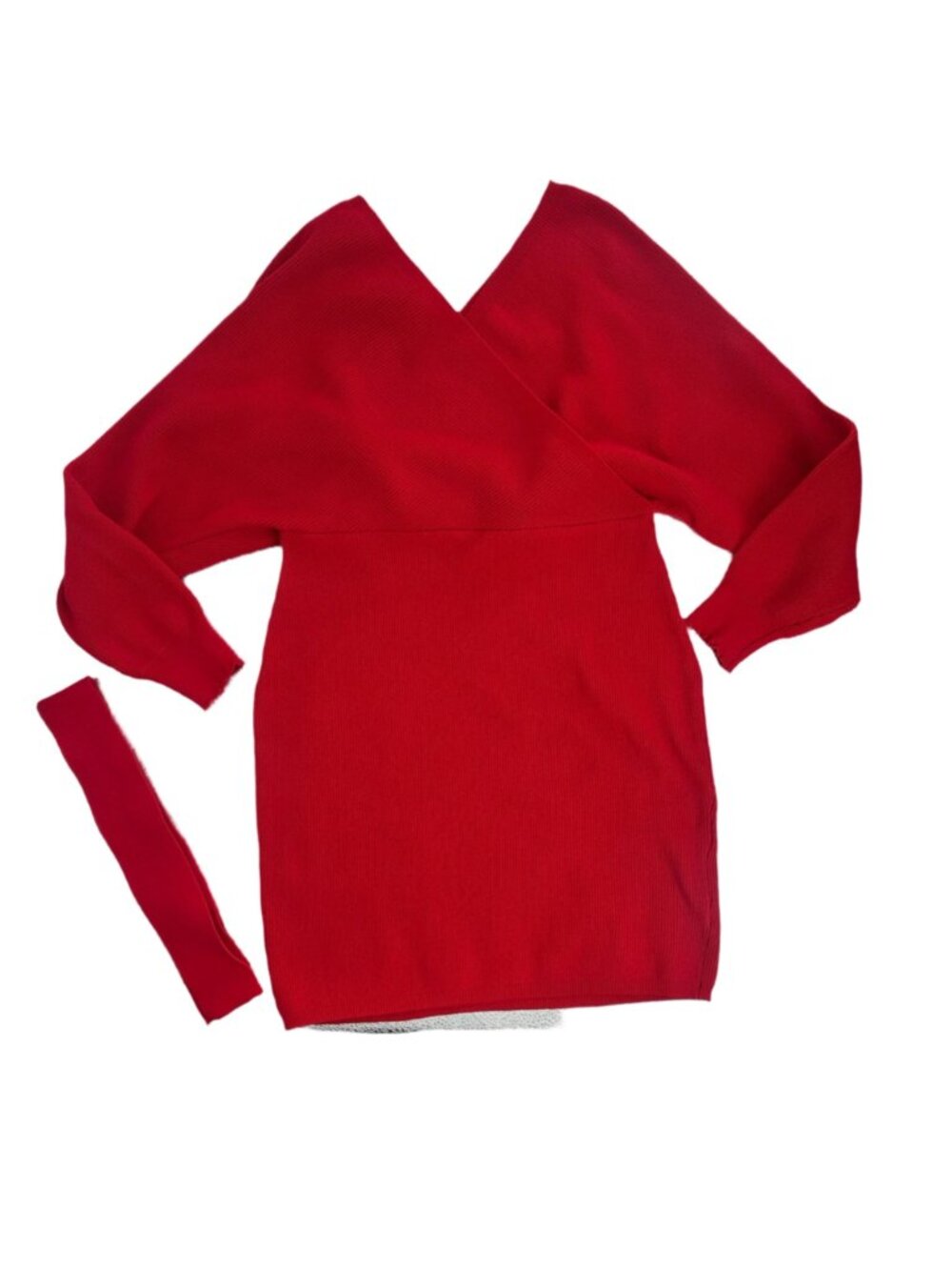 Dress Small Red Wrap Mini Ribbed Knit Sweater Bodycon Batwing Sleeve Party Glam - Picture 4 of 7